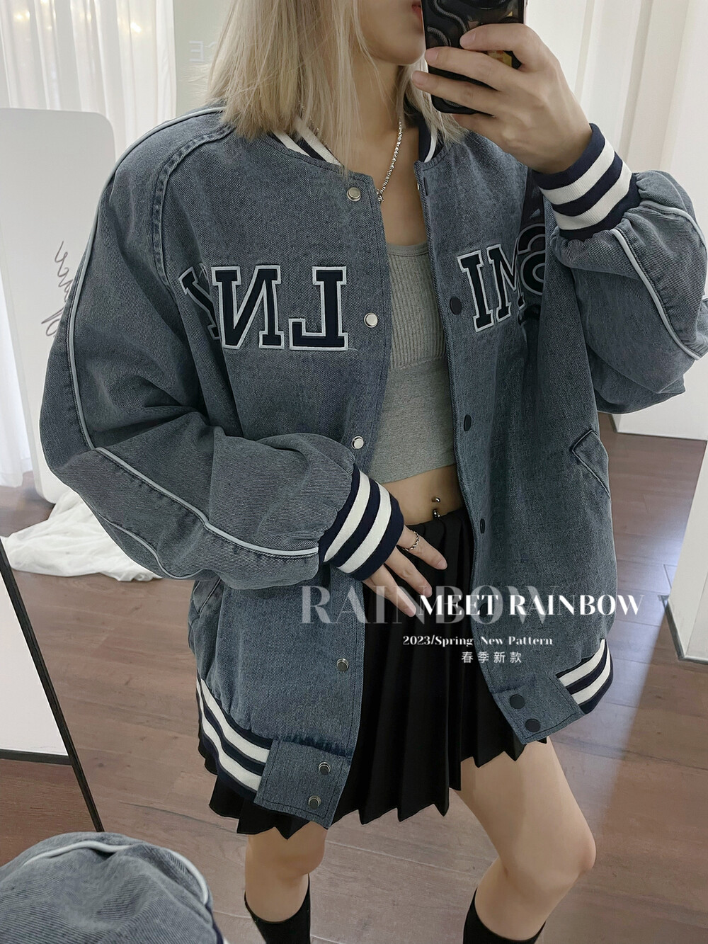 【RAINBOW】Denim baseball jacket denim jacket (letter embroidery craft) 07120# FHX
