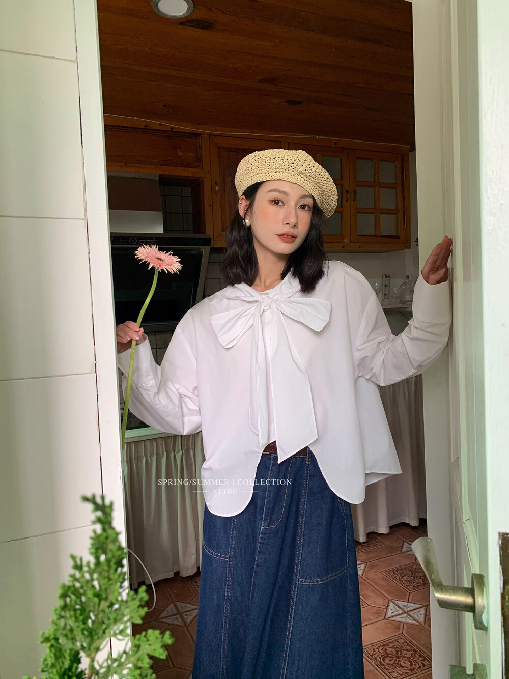 【NEIHE】Irregular striped bow shirt with hem 9038# ZXL