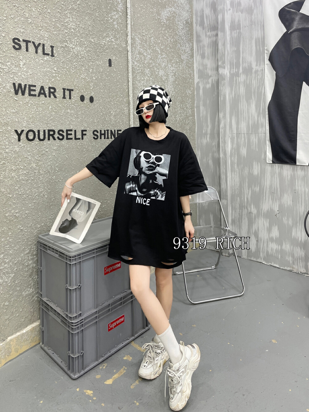 [9319] Glasses print fashion loose all-match short-sleeved T-shirt 55015# L