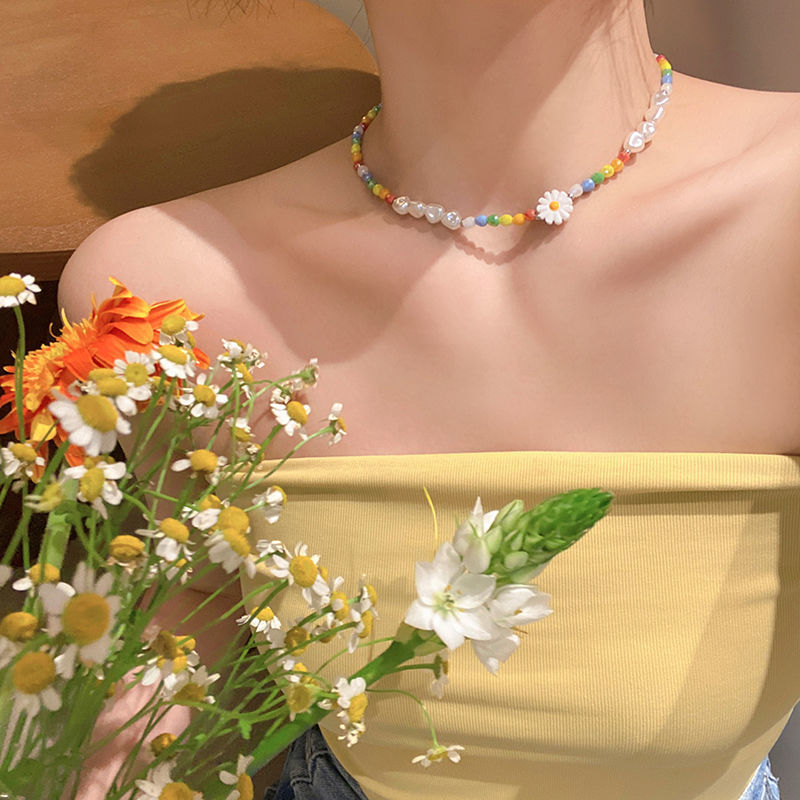 Summer flower beaded necklace women's high-end design sense niche pearl clavicle chain necklace bracelet ins hand jewelry