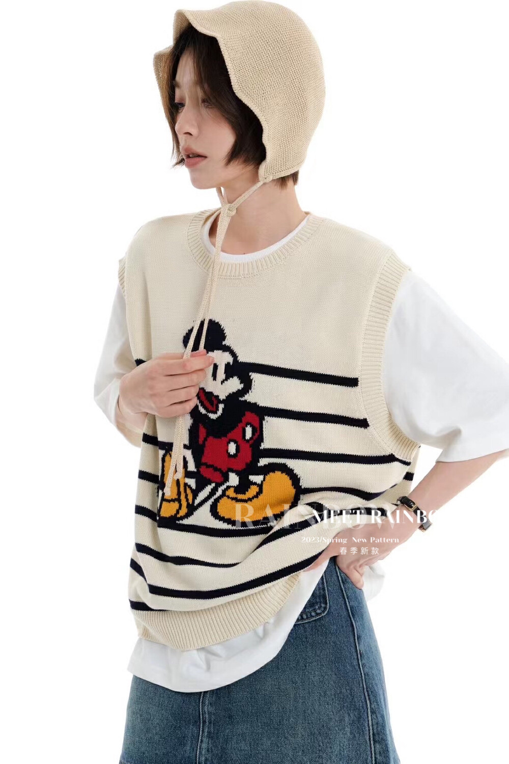 【RAINBOW】Korean style round neck striped Mickey vest 88007