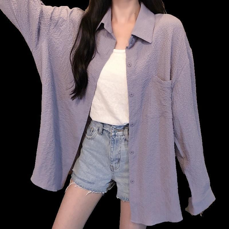 Blue sunscreen shirt jacket women's summer thin section design sense niche loose top shirt summer 2023 new style