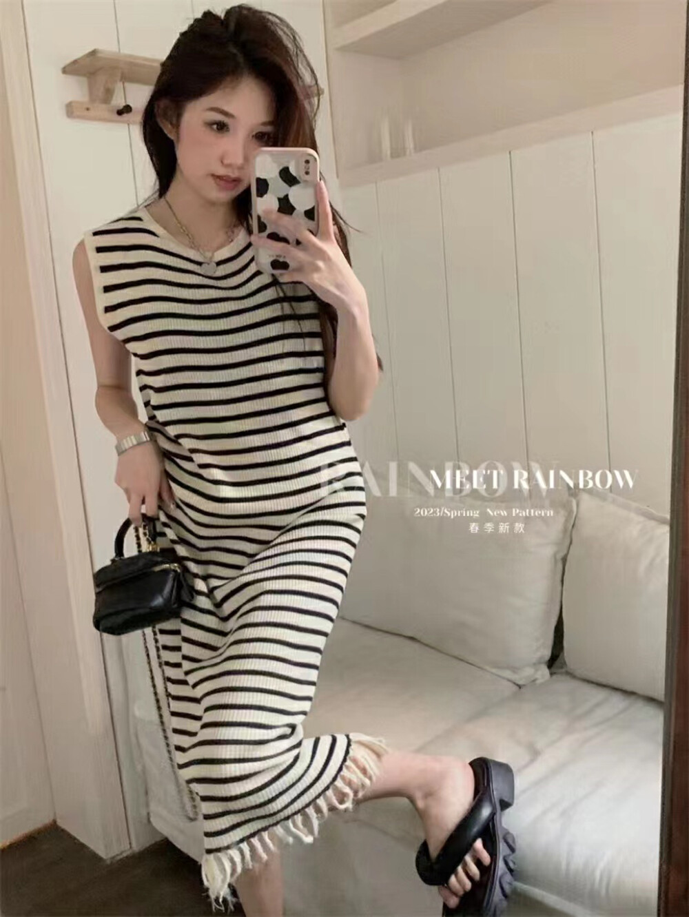 【RAINBOW】Lazy fringe vest striped dress 3230-1
