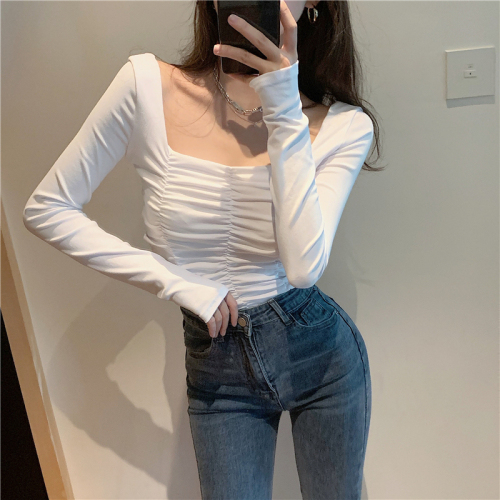 Real price! Korean sexy collarbone square collar bottoming shirt women's slim pleated long sleeve T-shirt