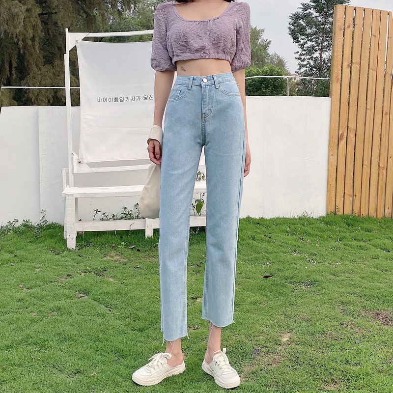 Real shot real price Korean version of chic slim loose straight-leg pants women's trousers with raw edges and all-match high-waisted jeans