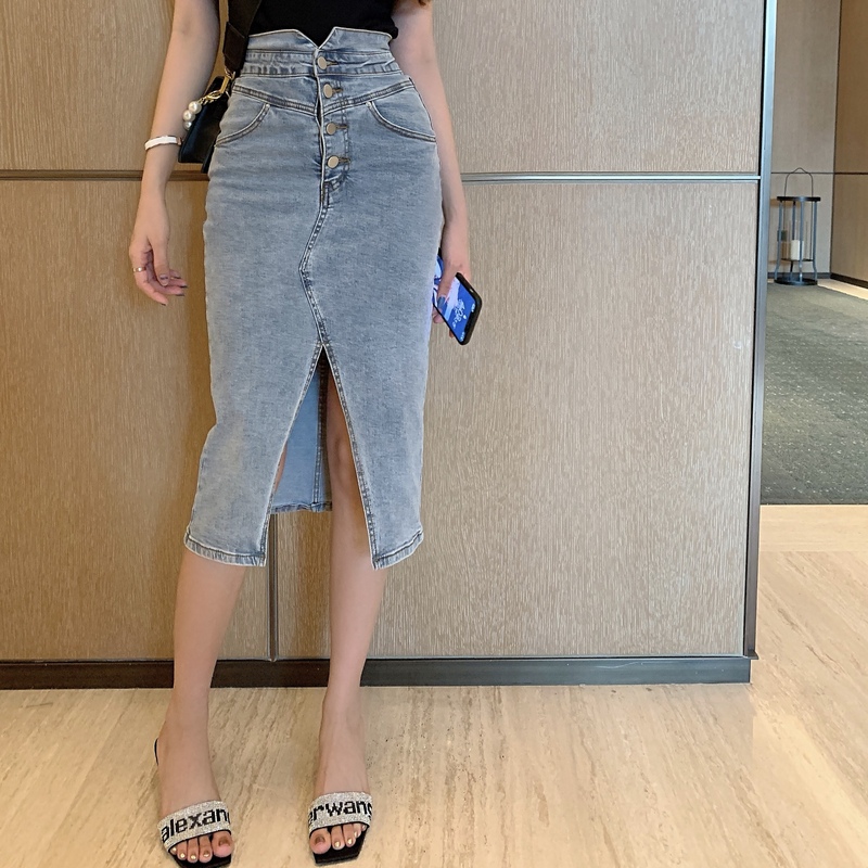 Real price! Korean design sense split elastic hip skirt slim sexy denim skirt