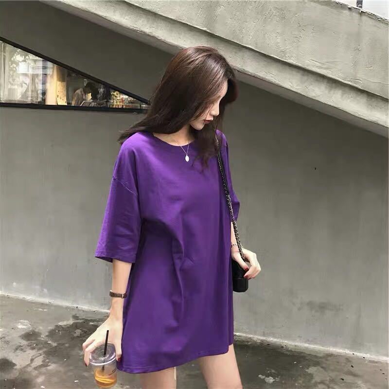 New purple T-shirt women's mid-length loose Korean version simple student ins all-match solid color t-shirt women's half-sleeved top