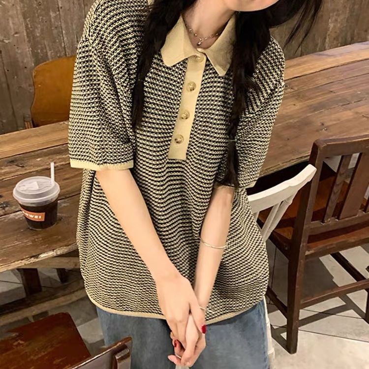 Retro loose Polo collar short-sleeved knitted T-shirt women's 2023 summer new niche design chic top