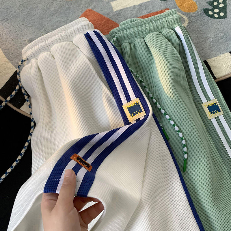 Fat mm300 catty waffle shorts women's summer loose large size straight Hong Kong style five-point pants high waist slim pants
