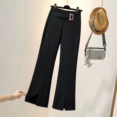 Plus size women's trousers drape micro flared trousers suit pants women's spring and summer high waist slimming all-match black slit casual trousers