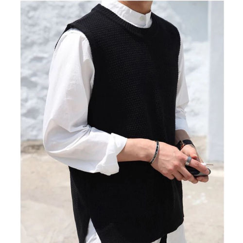  Spring and Autumn Black Casual Knitted Vest Hair Stylist Vest Round Neck Sleeveless Sweater Plus Fleece Warm Knitted Sweater