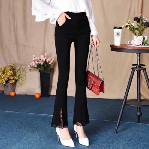 Autumn and winter plus velvet thickened new nine-point trousers women's high-waist elastic micro-flared wide-back trousers pocket slim-fit pants women