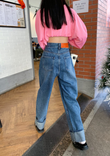 Real price! Hong Kong style retro high waist dad pants vertical straight tube loose wide leg jeans fashion