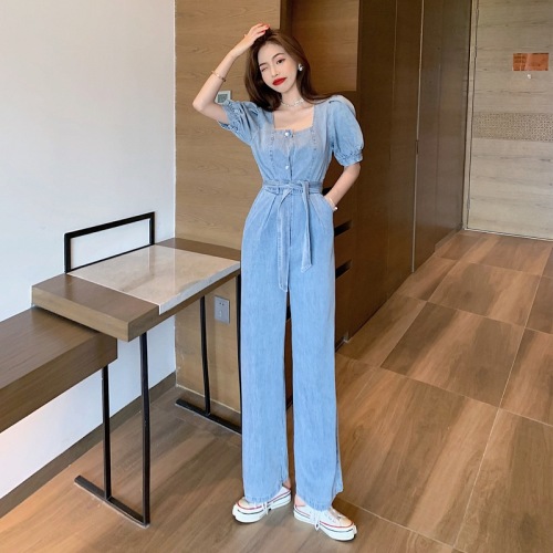 Real price! Hong Kong style retro waist strap buckle square neck jeans short sleeve loose Jumpsuit