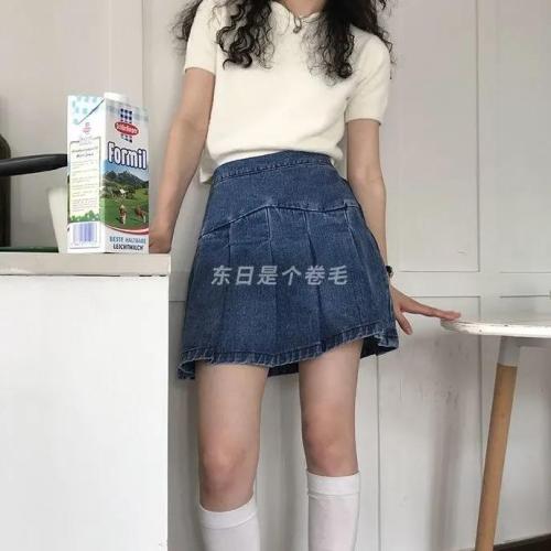 Picking up the Internet celebrity temperament fried street high waist slit mid-length denim skirt  new Korean version large size slim and slightly flawed