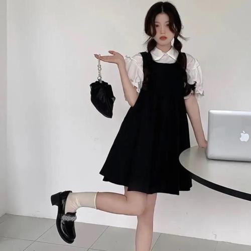 Summer new suit female American retro temperament short-sleeved shirt + loose vest dress two-piece female tide