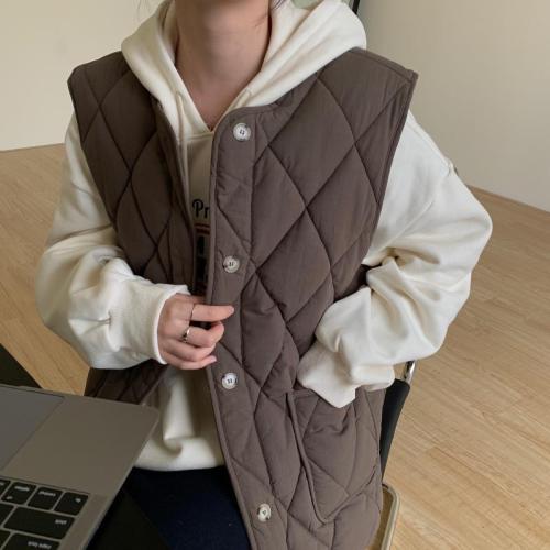 Autumn and winter new thin and versatile vest loose diamond-shaped lattice warm padded vest jacket with vest female