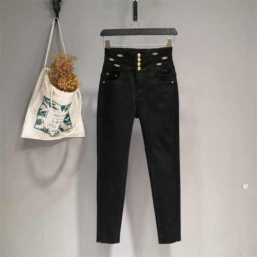 Four buttons high waist handmade metal chain slim elastic pencil pants 2023 winter thin velvet women's pencil pants