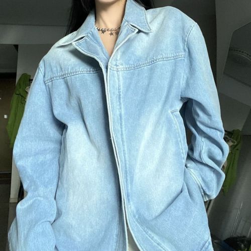 Light blue washed water worn edge three-dimensional placket denim jacket jacket for men and women
