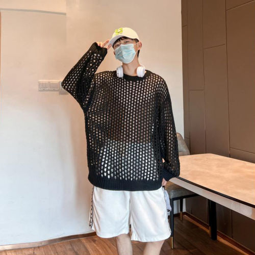 Korean version of grid sun protection clothing high-end design sense of permeable woven top hollow knitted T-shirt men's summer