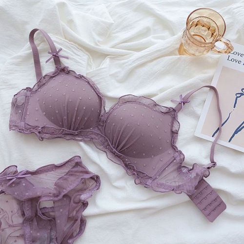 Purple fairy temperament net gauze polka dot underwear sweet small chest seamless no steel ring gathered white bra set