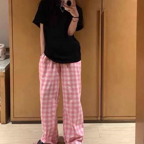 High waist pink plaid casual pants women's spring and autumn 2023 new loose straight wide-leg pants pants ins tide summer