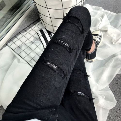 Black patch letter fashion jeans women's large size new 2022 autumn and winter fake holes with diamonds showing thin skinny pants