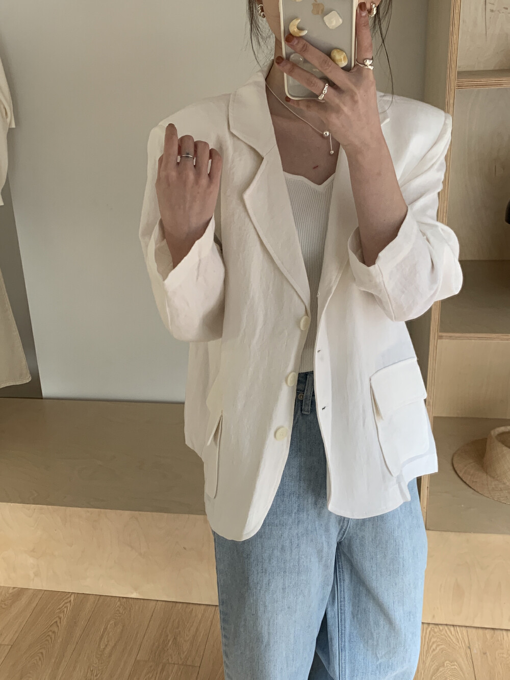 【ON LINE】Hanbiao) Korean High Quality Linen Loose Double Pocket Front Shoulder Suit (100% Linen) 9927# CLS