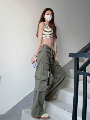 Low-waist overalls women's casual pants ins trendy pockets thin section drape babes loose European and American high street vibe pants