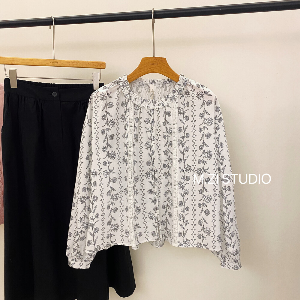 【M.ZI STUDIO】French retro floral design sense niche print chic temperament shirt A1962