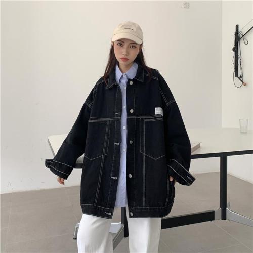 Temperament black tooling long-sleeved denim jacket women's autumn  new Korean version loose mid-length top trend