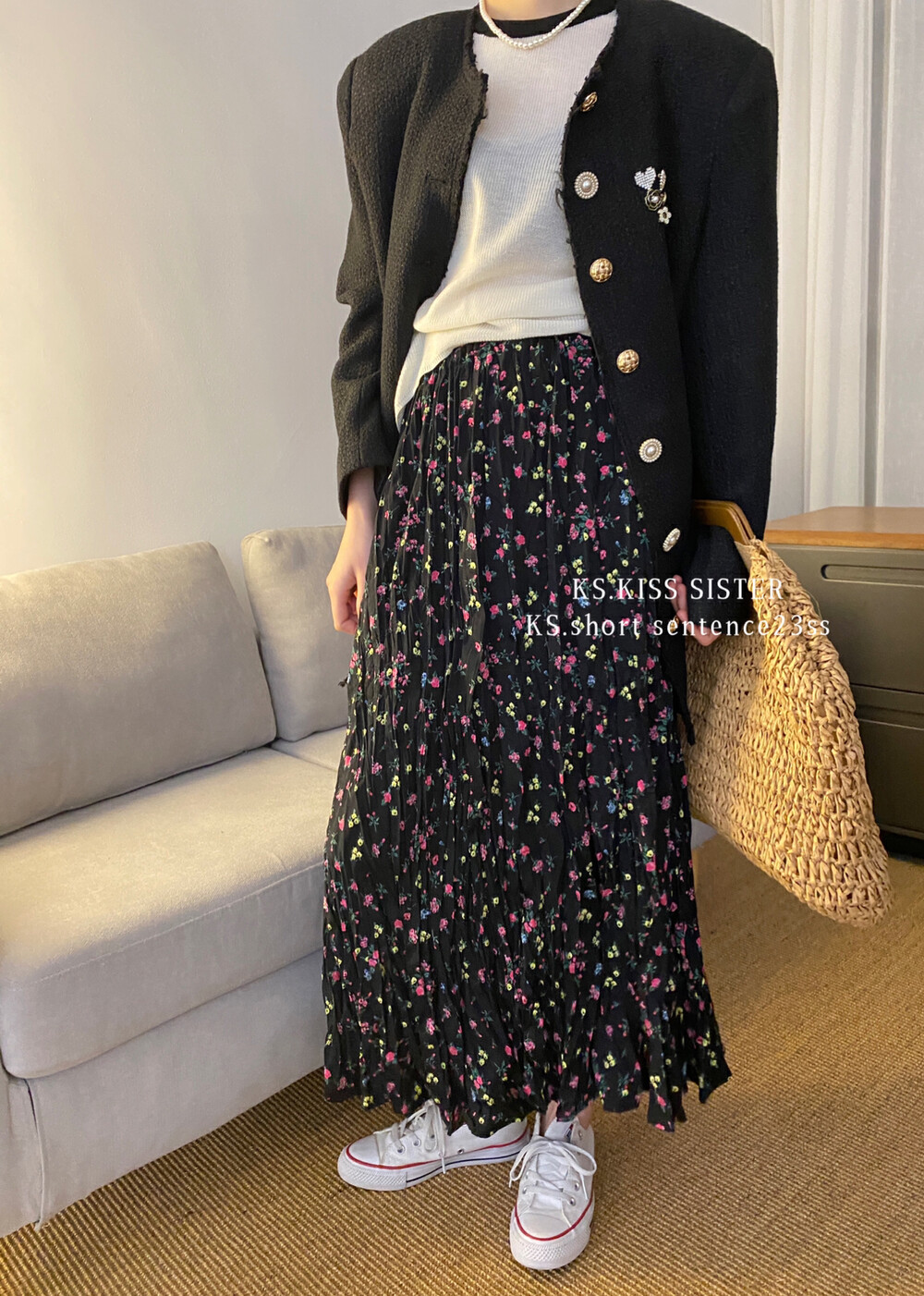 New in early spring 2023! [KS] Versatile elastic waist slimming lady fan floral pleated skirt 23070# LSL