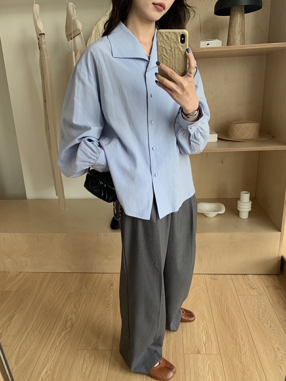 【ON LINE】Korean Standard) French Elegant Buckle Lapel Collar Loose Temperament Shirt 9962
