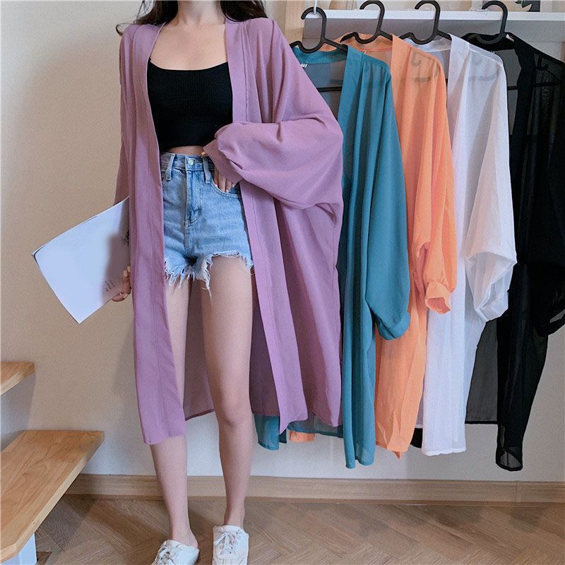 Summer 2023 Korean version of chic new mid-length retro Hong Kong flavor jacket loose Korean version of all-match chiffon sunscreen shirt