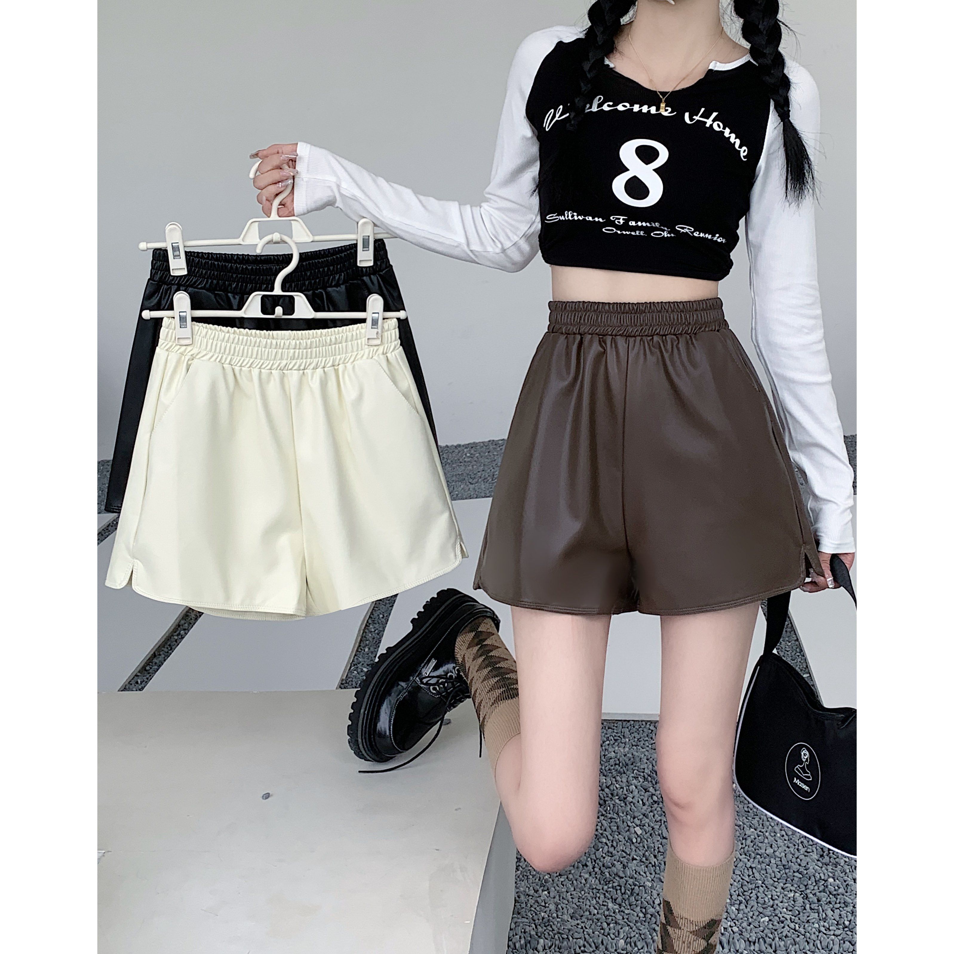 Leather shorts women's 2022 autumn and winter new large size fat mm wide-leg pants high waist wearing PU leather pants A-line casual boot pants