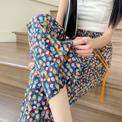 Printed straight wide-leg pants women's summer thin section loose nine-point mosquito-proof pants high waist slim casual cool pants trendy