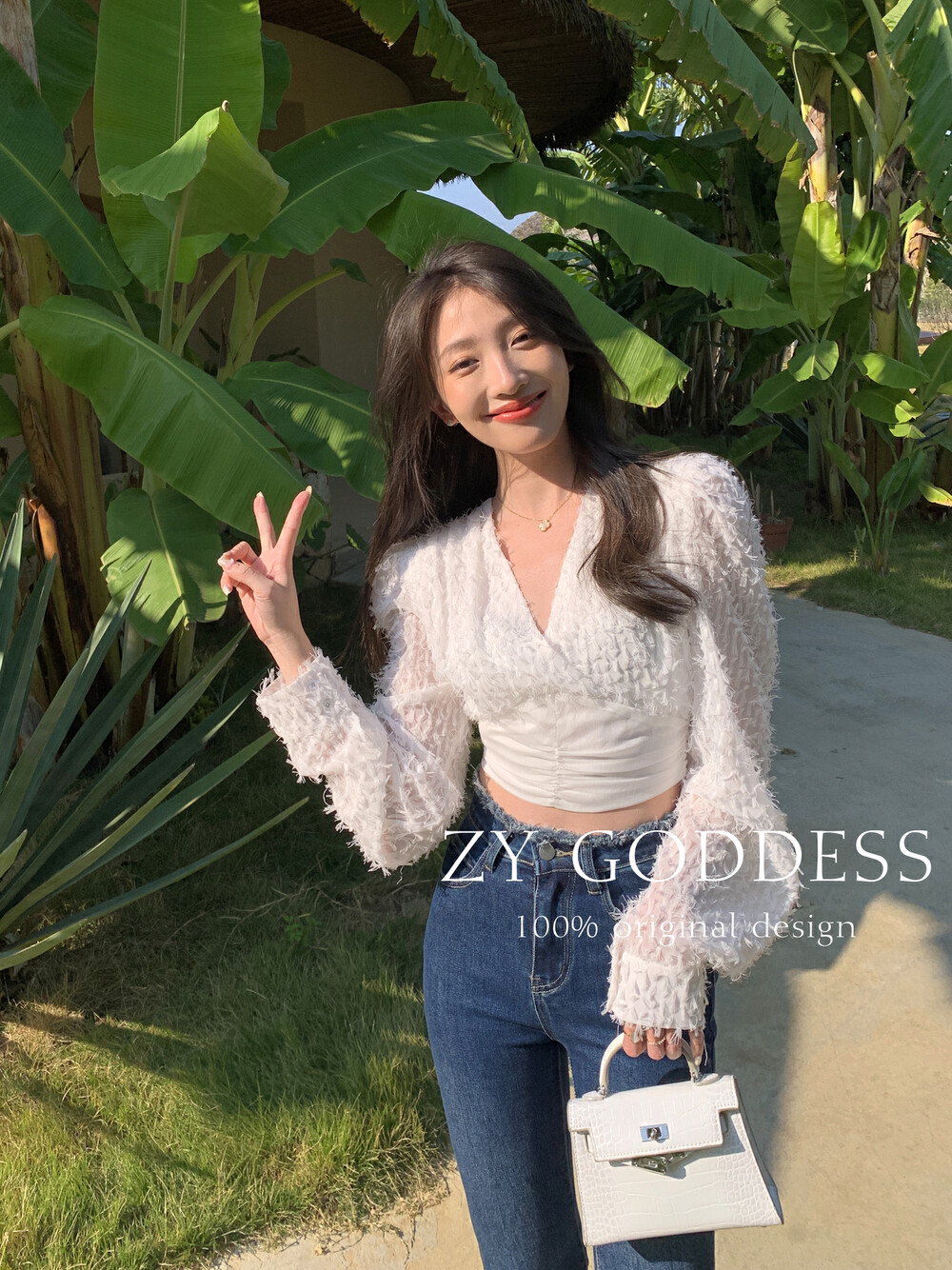 【ZY】Xianqi craft tassel chiffon V-neck elegant puff sleeve shirt 6902