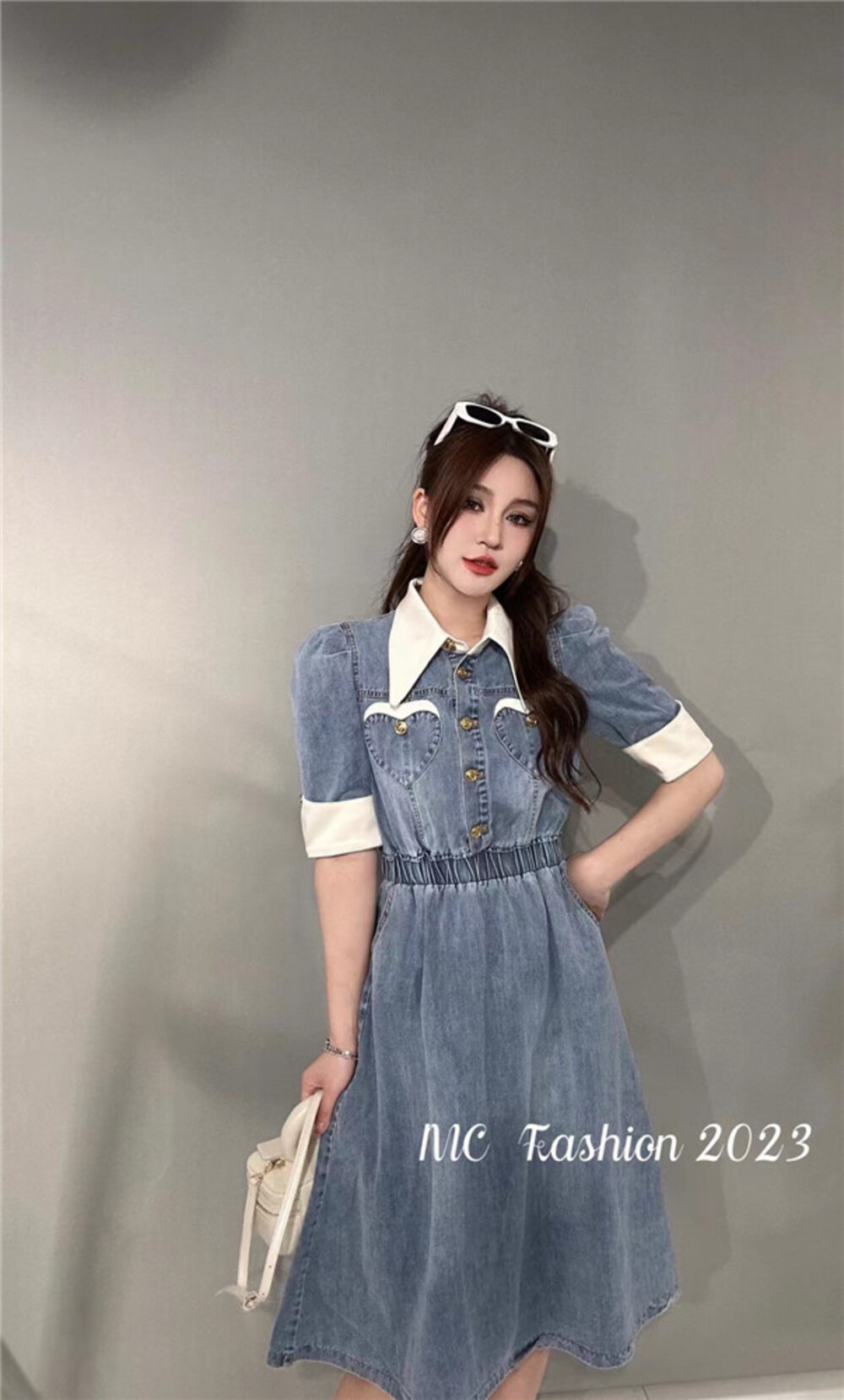 New in early summer of 2023! [Yairou] Fashion color contrast collar denim short-sleeved dress D593# LXC