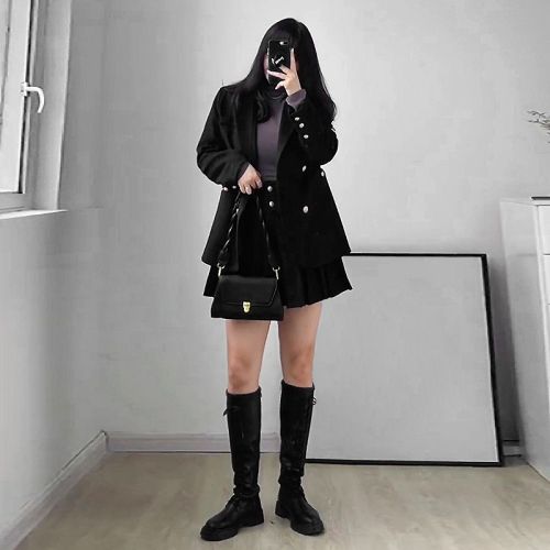 Plus size women's fat sister woolen suit jacket pleated skirt autumn and winter new style foreign style age reduction two-piece suit