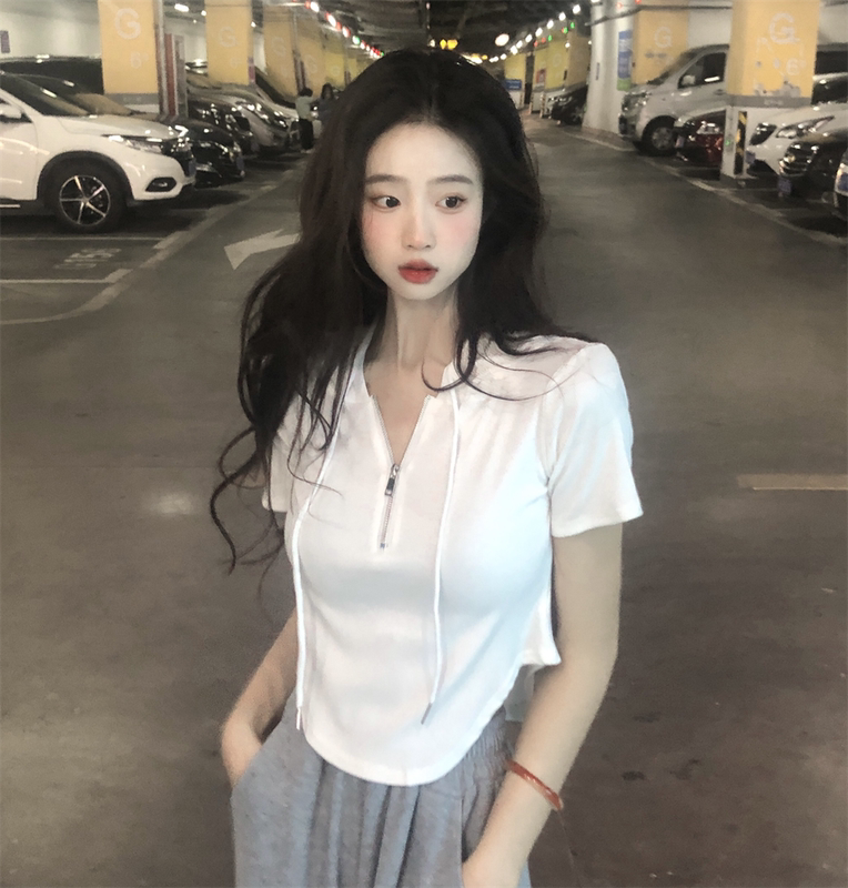 Real shot Irregular zipper short-sleeved T-shirt women's 2023 summer new all-match slim short top tide