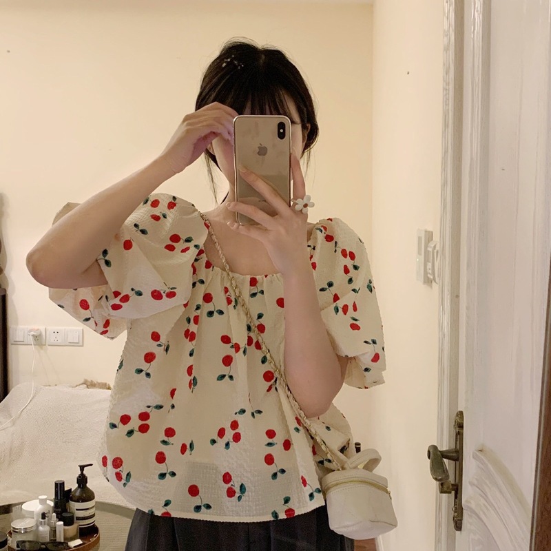 2023 Spring New Sweet Age-Reducing Retro Cherry Print Square Neck Loose Slim Lantern Sleeve Floral Top