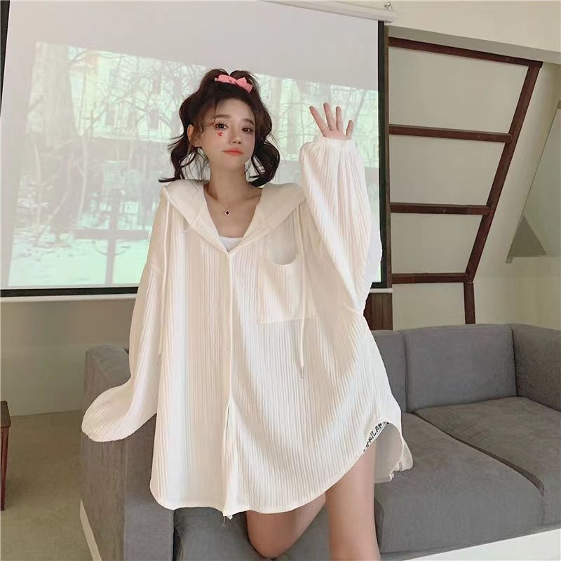 Jacket women's thin sunscreen clothing loose large size long-sleeved hooded student Hong Kong style button all-match cardigan shirt ins