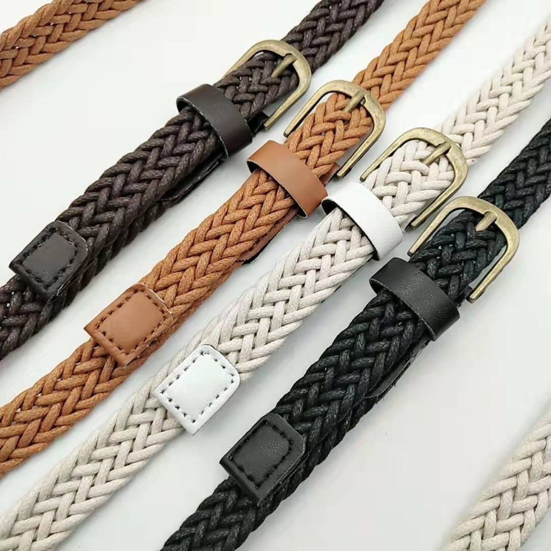 Classic Vintage Wax Rope Clothing Braided Thin Belt Bronze Alloy Pin Buckle Fashion Hand Braided Women's Belt
