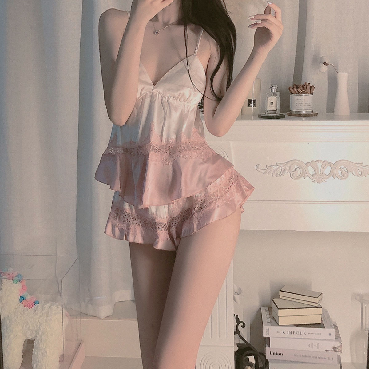 Sexy Ice Silk Sling Sleeveless Lace Pajamas Dress Shorts Nightgown Two-piece Set Female Summer Thin Homewear Set