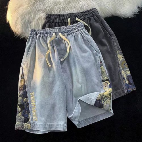 Bear Stitching Denim Shorts Men's Summer Thin Section Loose Straight Large Size Tide Brand Versatile Casual Boys Five-point Pants