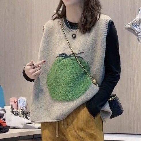 Fat mm retro waistcoat knitted vest vest female large size loose outerwear bottoming sweater jacket 300 catties ins tide