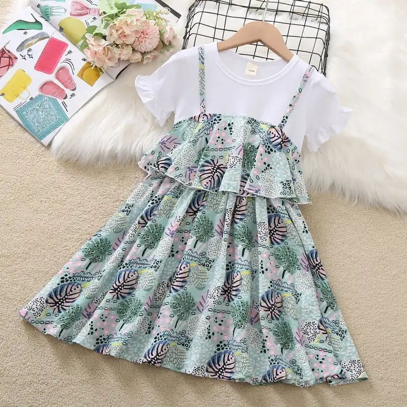 Zhongda Girls Dress Summer Dress New Net Red Foreign Style Fake Two-piece Summer Short-sleeved Pure Cotton Children's Floral Skirt