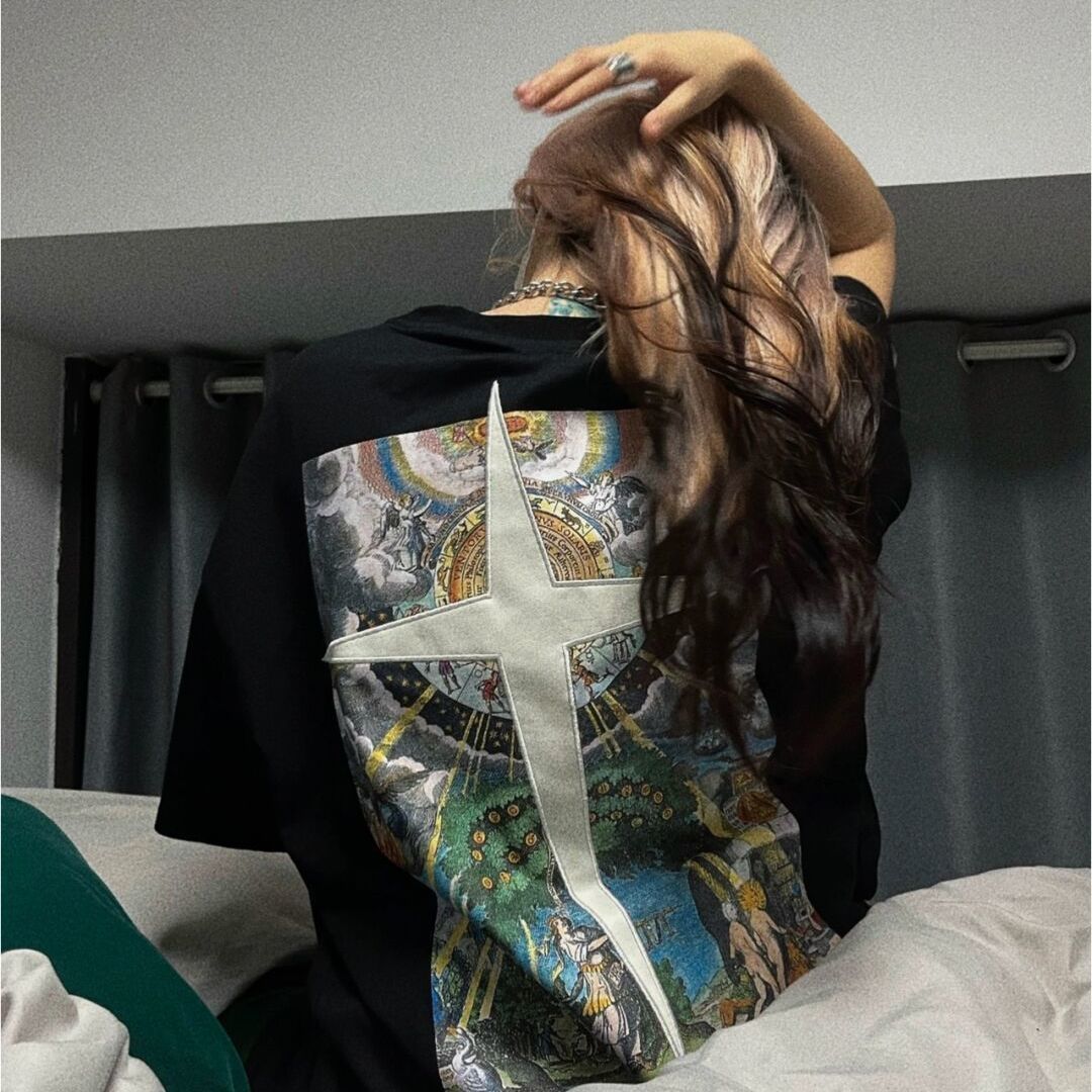 American hiphop short-sleeved t-shirt women's pure cotton loose design sense niche retro cross graffiti top