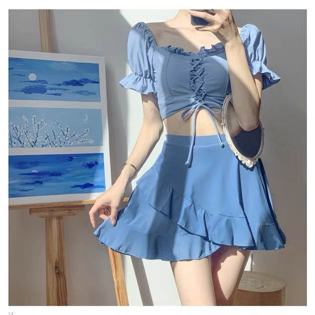 Swimsuit women's summer split skirt style conservative hot spring large size cover belly and look thin 2021 new student swimsuit fairy fan