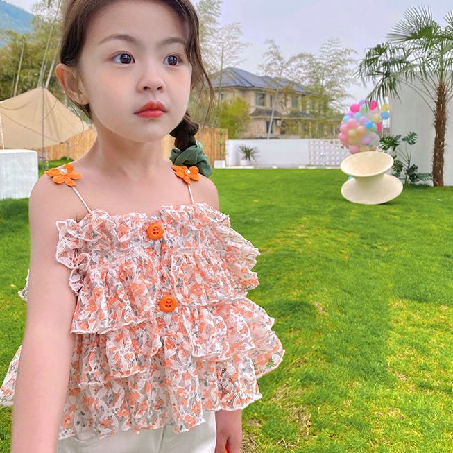 Korean version of girls' sleeveless doll shirt baby summer dress chiffon 2023 new foreign style summer children's tops with straps